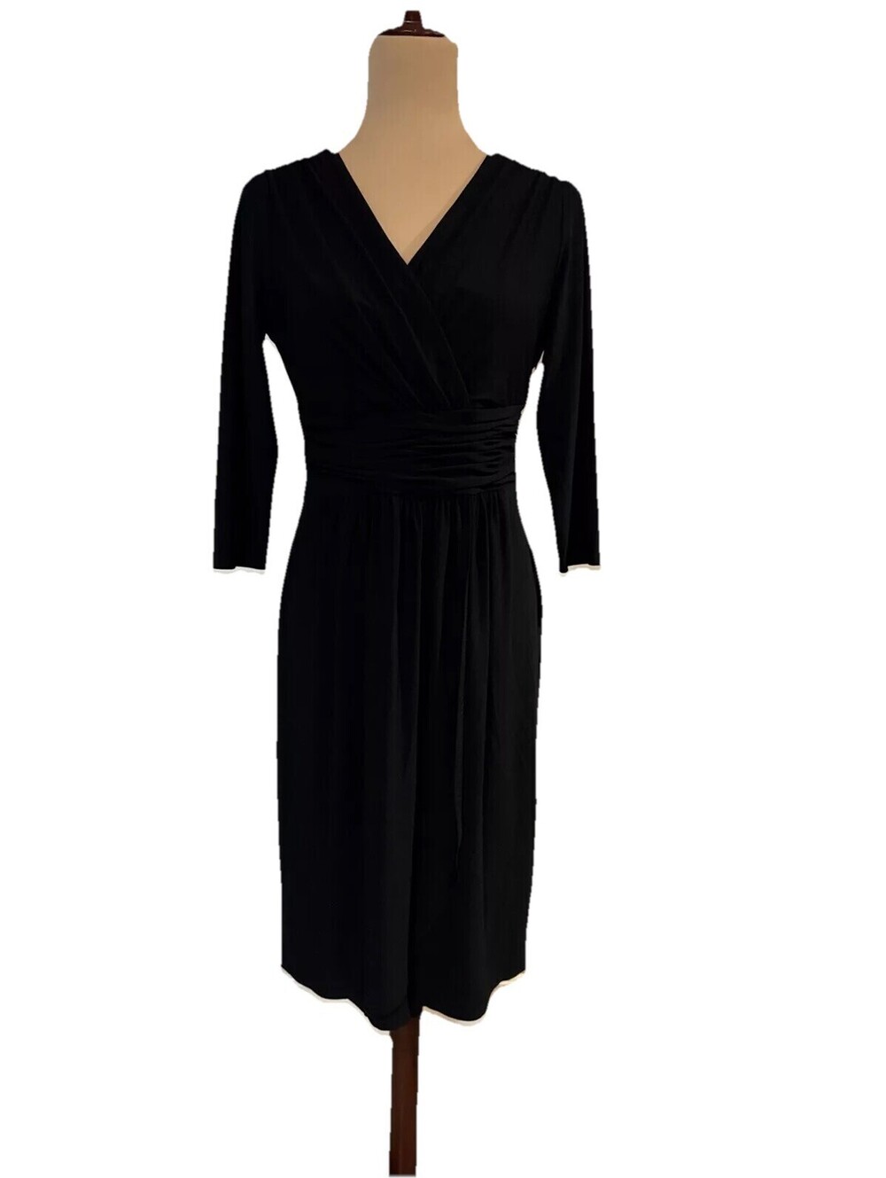 Evan Picone women's black ruched side pin mock wrap bottom knee Length dress 8